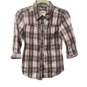 Cotton Express Womens Button Up Pink Gray Plaid Cotton Sz XS 3/4 Sleeves Western
